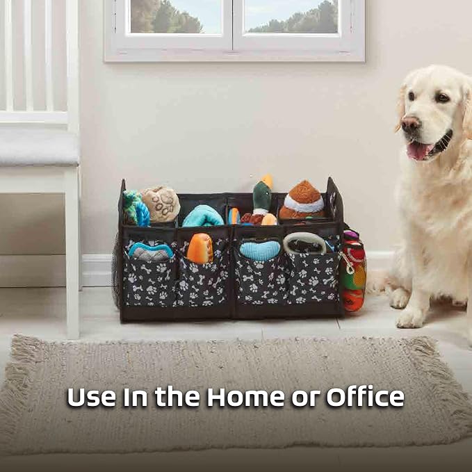 Mobile Dog Gear, Dogssentials Collapsible Storage Organizer for Travel with Built-in Waste Bag Dispenser, Includes 1 Roll of Waste Bags, Black/White Paw Bone Print, Meets Airline Regulations