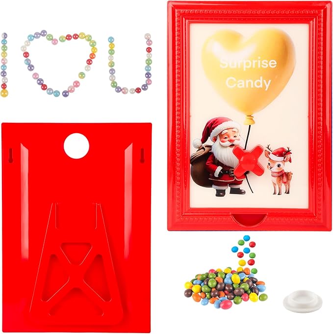 Candy Dispenser Picture Frame, Wall-Mount & Tabletop Gumball Machine with Multiple Designs for Candy, Nuts, Treats, Interactive Home and Office Decor (Santa Claus & Deer, Red)