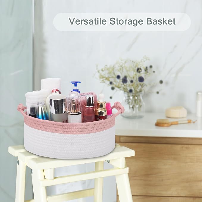 COMSE Small Gift Basket Empty with Bag & Ribbons, Dusty Pink & White | Cotton Rope, 12"x 8"x 5", Pet Toy Storage Organizer, Woven Basket for Birthdays, Baby Showers, Mother’s Day, Valentine’s Day