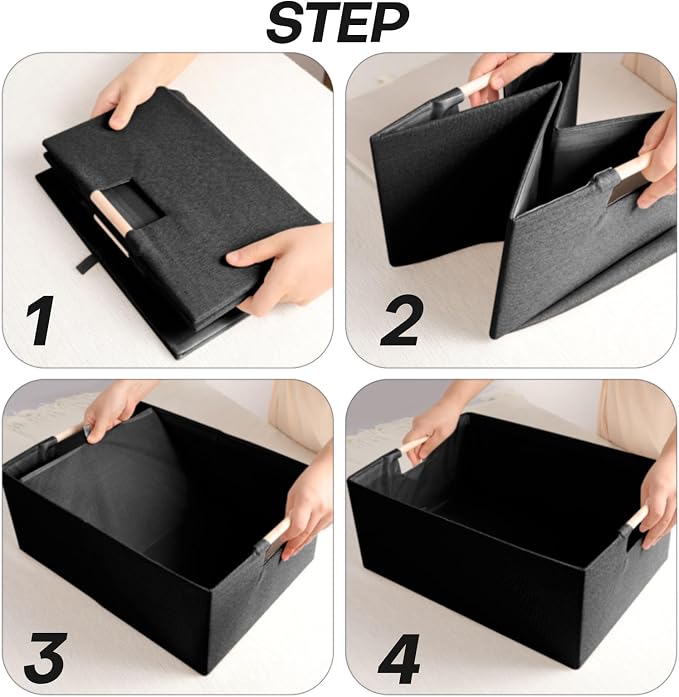 Fabric Storage Box, 15x11in Foldable Cotton Linen Basket with Wooden Handle | Medium Rectangular Cube Decorative Home Laundry Organizer Clothes Blanket Container Organizing Clothes Sheets Jeans, Black