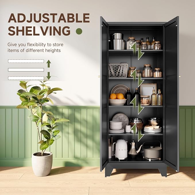 75" H Metal Storage Cabinet with 2 Doors and 4 Shelves,Tall Kitchen Pantry Cabinets,Farmhouse Utility Pantry Organizers for Cupboard/Dining/Bathroom/Home Office/Garage Room,Black
