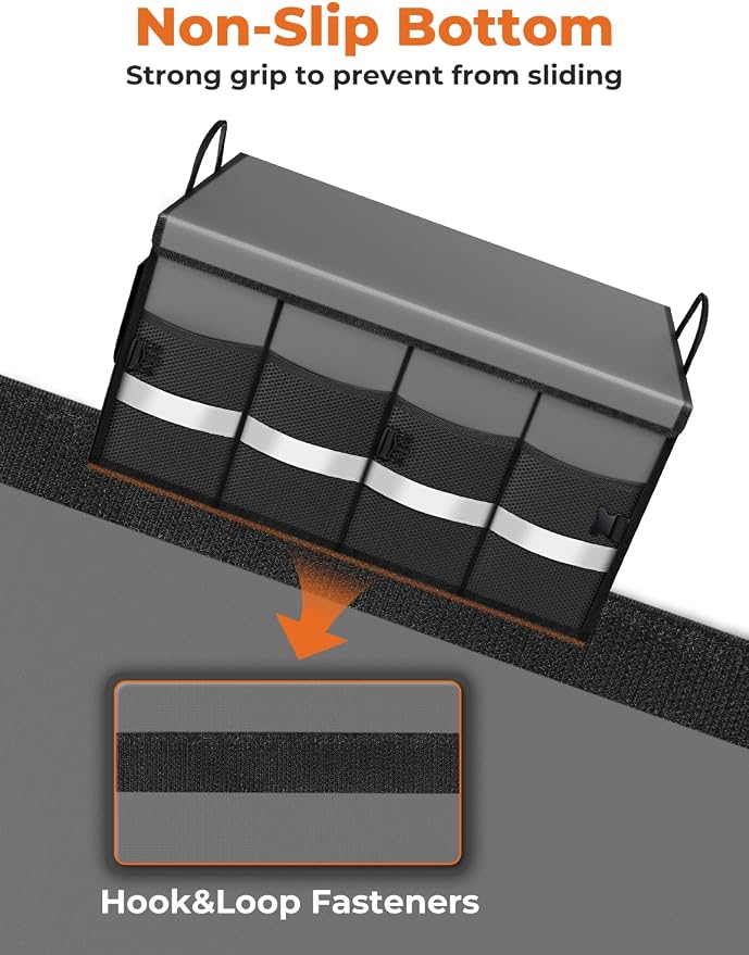 Oasser Car Trunk Organizer Collapsible Multi Compartments SUV Trunk Organizer with Reflective Strip Foldable Cover | 4 Mesh Pockets, 600D, Non-Slip Bottom, Reflective Strip, 35kg Load, for SUV Saloon Estate Daily Storage, Shop & Family Trip