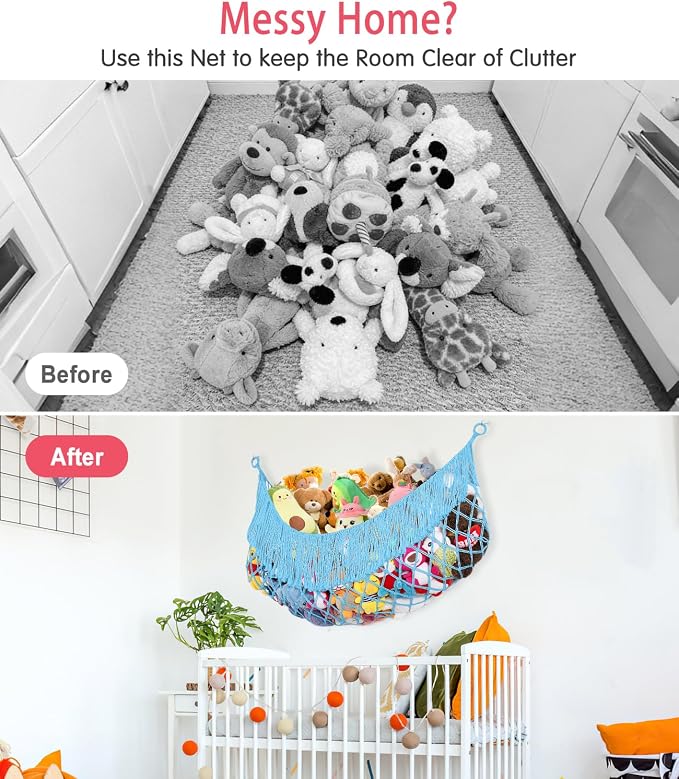 Stuffed Animal Hammock - Extra Large 56'' Long (Blue) | Premium Cotton Hand-knitted, Beautiful Long Tassel, Storage Hanging Organizer, Can Fit Stuffed Animals 30 Piece or More