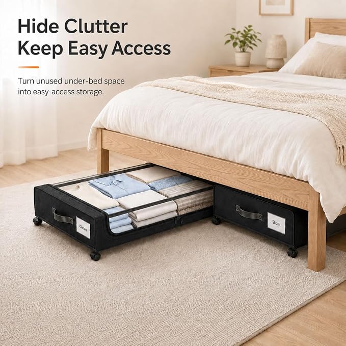 Camkey® Under Bed Storage with Wheels, 2-Pack 60L Bins, Low Profile, Black | Two 60L Rolling Underbed Storage Bins with 360° Wheels, Clear Zippered Lids, Pull Handles, Label Pockets and Black Fabric