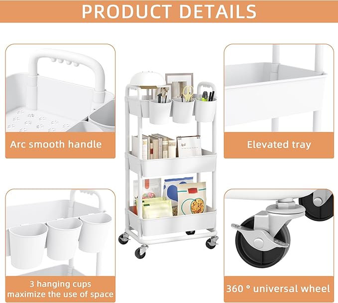 3-Tier Plastic Rolling Storage Cart Utility Cart with Extra Hanging Cups Handles Lockable Wheels for Living Room Bathroom Kitchen Office White | Utility Cart with Extra Hanging Cups Arc-Shaped Handles Lockable Wheels for Living Room Bathroom Kitchen Of...