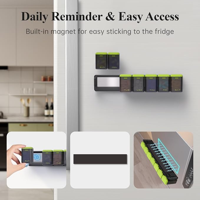 KOVIUU Weekly Pill Organizer, Magnetic Medicine Vitamin Case 1 Time a Day | Week Once Daily Supplement Box, Removable Medication Container Holder for Fridge, 7 Day Large Travel Pill Dispenser, Green