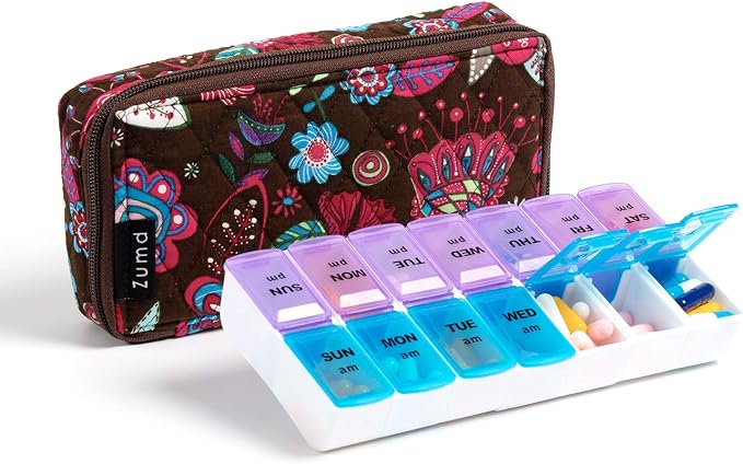 Weekly Pill Organizer 2 Times a Day, Zumd Pill Box 7 Day with Cute Quilted Fabric Zipper Case, Travel Pill Case Am Pm for Vitamin Medicine Organizer