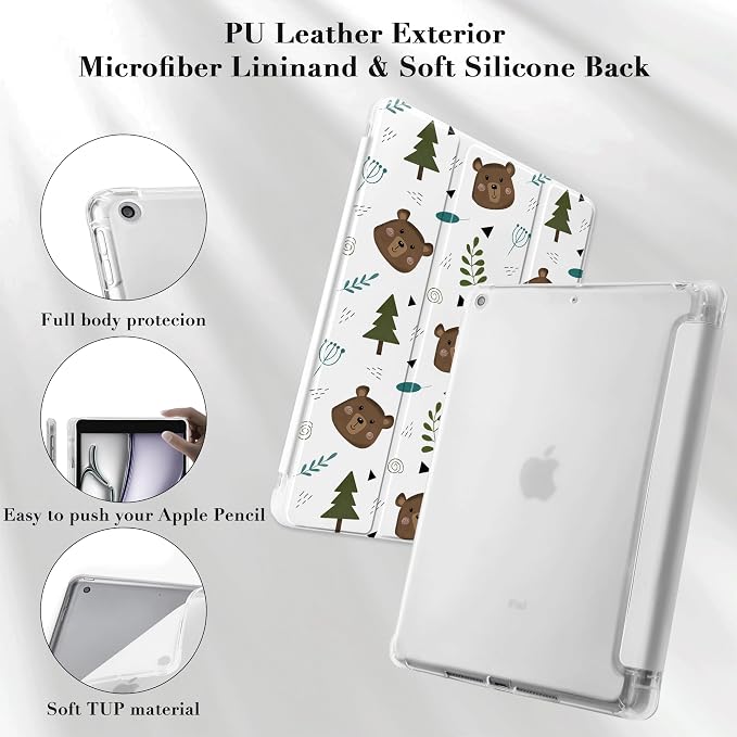 Cute Lovely Bear Case for 9.7" iPad Air/iPad Air 2, Clear TPU Smart Stand Back Cover with Pencil Holder, Auto Wake/Sleep Foldable Four-Corner Shockproof Protective Case