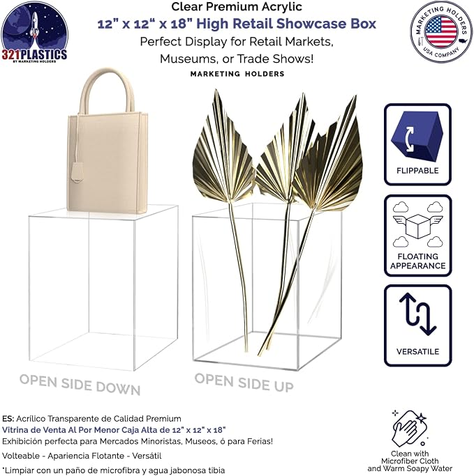 12" x 12" x 18" Clear Acrylic Display Box with One Open Side No Lid Versatile Tall Plexiglass Retail Product Riser Storage Bin or Wedding Floral Centerpiece Pedestal by Marketing Holders