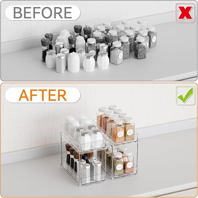 4 Pack 2 Tier Vertical Spice Rack Pull Out,10.4'' Deep Narrow Slide Out Spice Rack Organizer for Inside Cabinets,Kitchen,Pantry,Cupboard Seasoning,Can,Jar Organizer and Medicine Cabinet Storage