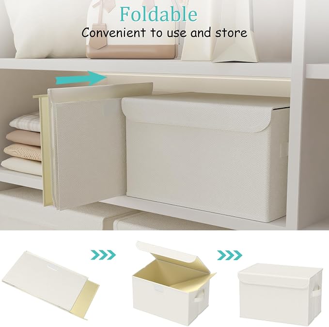 Storage Bin with Lid, Closet Boxes, 4 Pack, Beige, 10.2x7.9x6.7 In | Fabric Clothing Basket with Cover, Collapsible Stackable Organizer Cubes with 2 Handles, for Closets and Bathroom Vanities