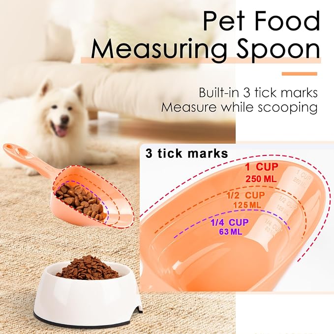 Melamine Pet Food Measuring Scoop, 1 Cup 1/2 Cup 1/4 Cup with Clear Measurement Lines for Dog, Cat, Bird, and Rabbit, Durable, Ergonomic Handle, Dishwasher safe-Orange & Baby Pink