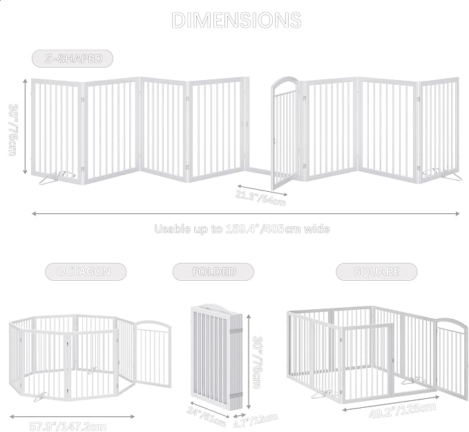 JSB 192-inch Extra Wide 30-inch Tall Dog gate with Door Walk Through,Full Matel Freestanding Round Tube Pet Gate for Halls Stairs, Puppy Safety Dog Fence with 4PCS Support Feet (White)