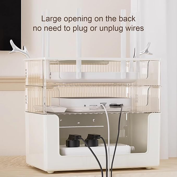 WiFi Router Organizer PET+ABS Material Transparent Window Multi-Hole Cover Honeycomb Heat Dissipation Holes WiFi Router Storage Box for Office and Home(32 * 23 * 21cm(C))