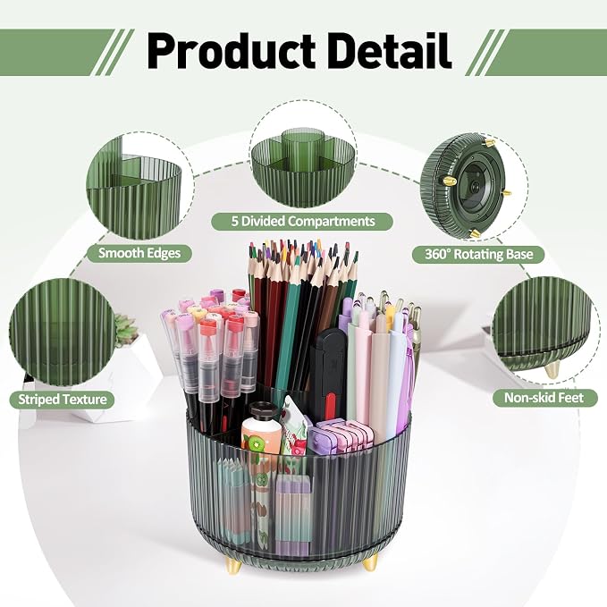 360 Rotating Pen Pencil Holder for Desk, Pen Organizer with 5 Slots | Makeup Brush Holder, Desk Organizer and Accessories, Cute Pencil Cup Caddy for Office School Home Decor Art Supply (Green)