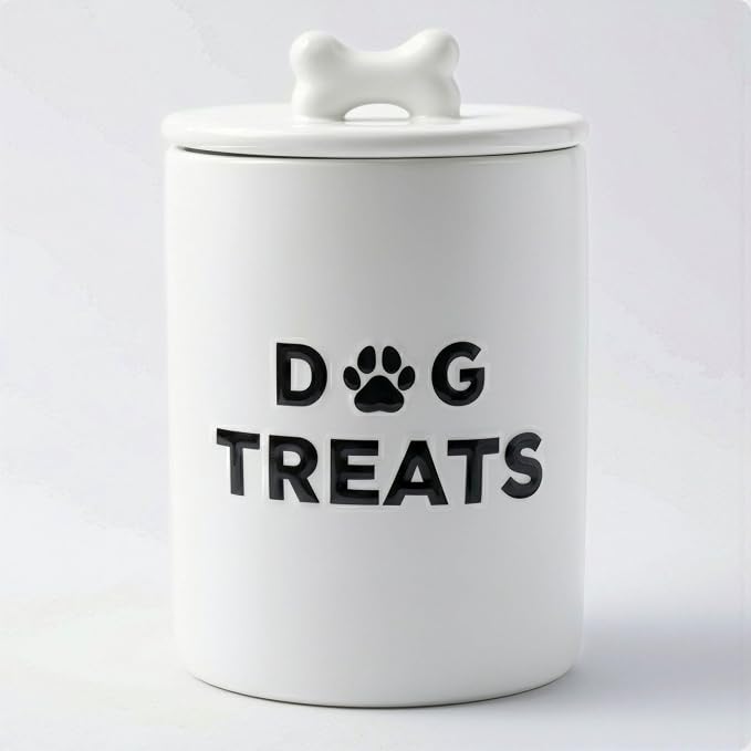 Ceramic Dog Treat Container Airtight - Ceramic Lid - 4 Cups - 4.3"W x 6.6"H | Airtight Ceramic Lid, Ceramic Bone Handle, Food Safe, Easy to Wash, Sturdy, Dishwasher Safe, Raised Design, 4 Cup Capacity