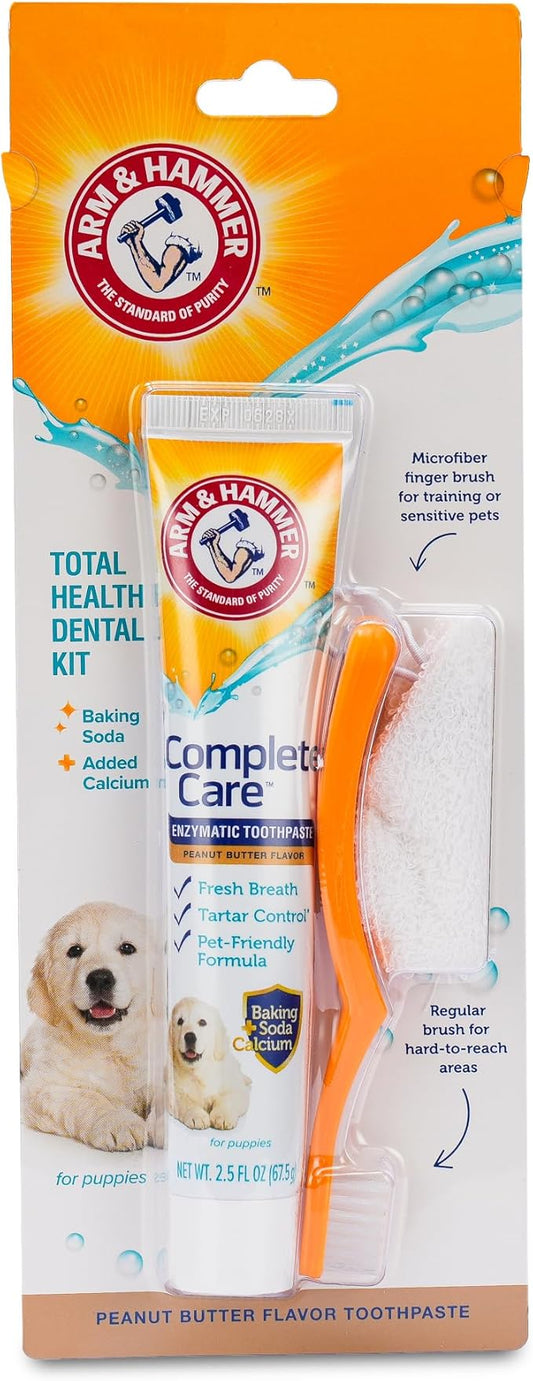 Arm & Hammer Complete Care Puppy Dental Kit, Enzymatic Toothpaste with Baking Soda and Calcium for Dogs, Peanut Butter Flavor, Toothbrush and Microfiber Brush Included, Fluoride-Free, 2.5 Oz