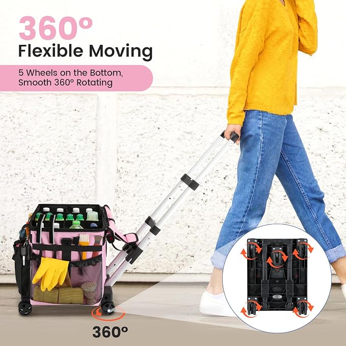Housolution Extra Large Rolling Cleaning Caddy Bag with Wheels, Pink | Upgrade 360° Free Rotating, Detachable Trolley & Dust-Proof Lid, High load Bearing & Waterproof