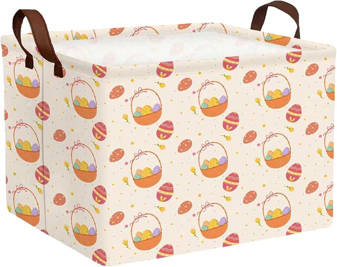 Large Rectangular Easter Baskets Empty Waterproof Boy Toy Box Foldable Kid's Gifts Storage Bin Spring Room Decor(Small Round Dot Gift Basket Egg)