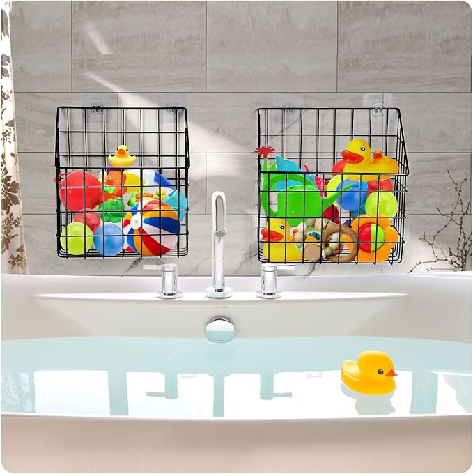 Greentainer 2 Pack Bath Toy Storage Organizer, Large Rustproof Metal Wire Basket, Wall Mounted Hanging Bathtub Holder, Bathroom Shower Caddy for Tub Toys & Toiletries