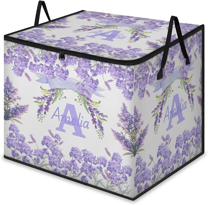 Custom Comforters Storage Basket with Lid, Personalized Name Large Organizer Bin for Clothes, Perfect for Rooms, Watercolor Purple Lavender Florals