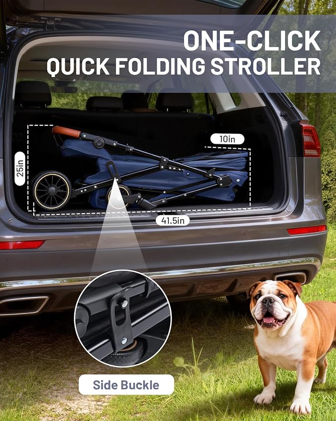 Dog Stroller for Large & Medium Dogs, Pet Stroller for 2 Small Dogs, Extra Large Heavy Duty, Foldable Design, Adjustable Handle, with Pocket, Up to 66lbs(Navy Blue)