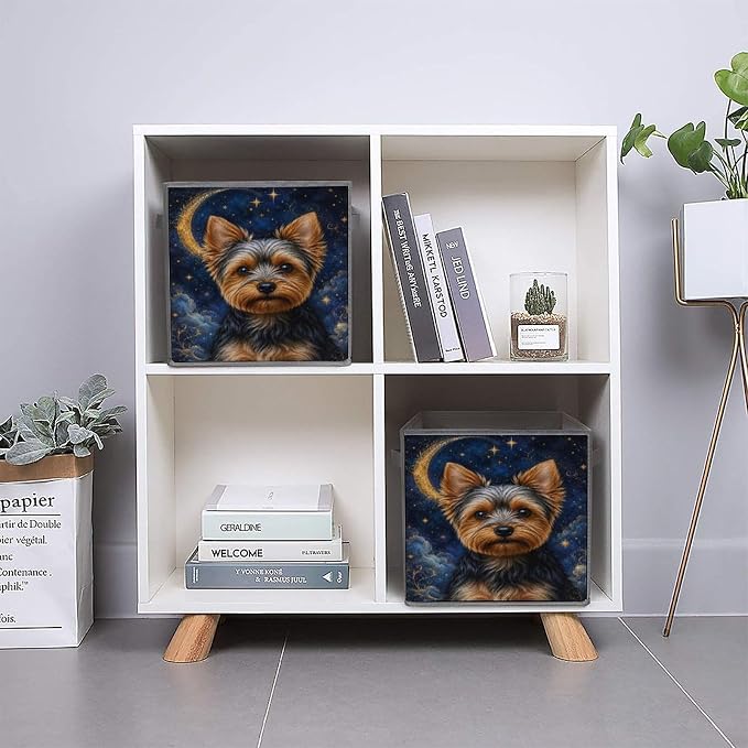 Yorkie Dog Starry Night Moon Storage Bin with Handles, Oxford Fabric Foldable Storage Cube Organizer for Clothes, Towels, Bedroom, Living Room, Home Organization