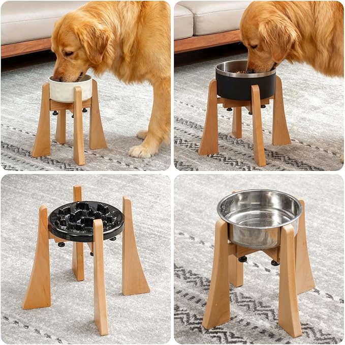 Wooden Elevated Dog Stand Set with Bowl, Raised 12" Tall Adjustable Width | Fits 7.1-9.4 Inch Dog Bowls, Stainless Steel Bowl for Food Water, Neck Protection Design for Medium Breed, Senior Dogs