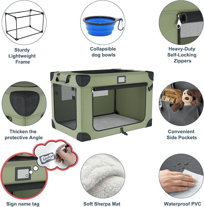 42 Inch Travel Collapsible Dog Crate Green with Signature Card，Storage Bag | Chew-Proof Mesh Window,Sturdy Frame,Soft Blanket & Foldable Bowl,Waterproof & Easy to Clean,Portable for Camping，Mesh Windows