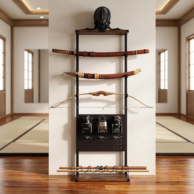 Indoor Gun Rack for Wall, Premium Wood & Metal Rifle Rack & Pistol Holder | Gun Wall Mount Display with Pegboard & Shelf, Versatile Storage for Shotgun Sword Bow for Home Gun Room, Garage and Man Cave