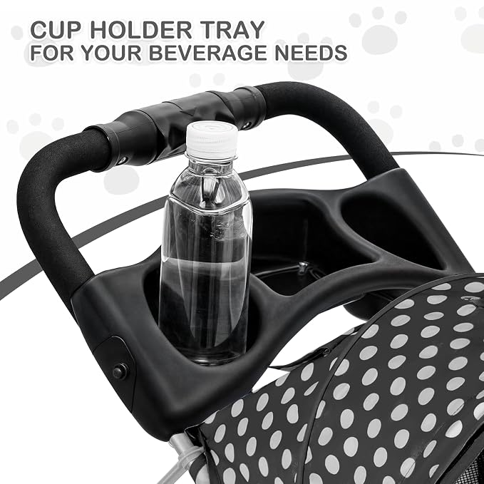 MoNiBloom Pet Stroller for Small/Medium Dogs and Cats, Black Polka Dots | Foldable Dog Stroller 3 Wheels Pet Strolling Cart w/ Storage Basket Cup Holder, Breathable and Visible Mesh for All-Season