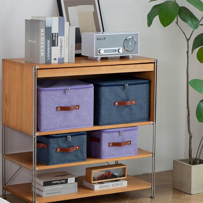 3PCS Storage Bins Boxes with Zippered Lid Decorative Baskets | Cotton Linen Fabric, Washable Foldable Stackable Cloth Container, Closet Shelf Organizer w/ PU Leather Handles, Purple-Large
