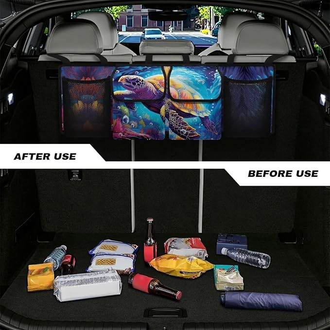Dreaweet Car Trunk Organizer Back Seat Hanging Storage with 4 Large Pockets,Turtle Car Accessories for Women Men Collapsible Car Seat Back Storage Mesh Net Bag Trunk Organizer for SUV Sedan Trucks Van