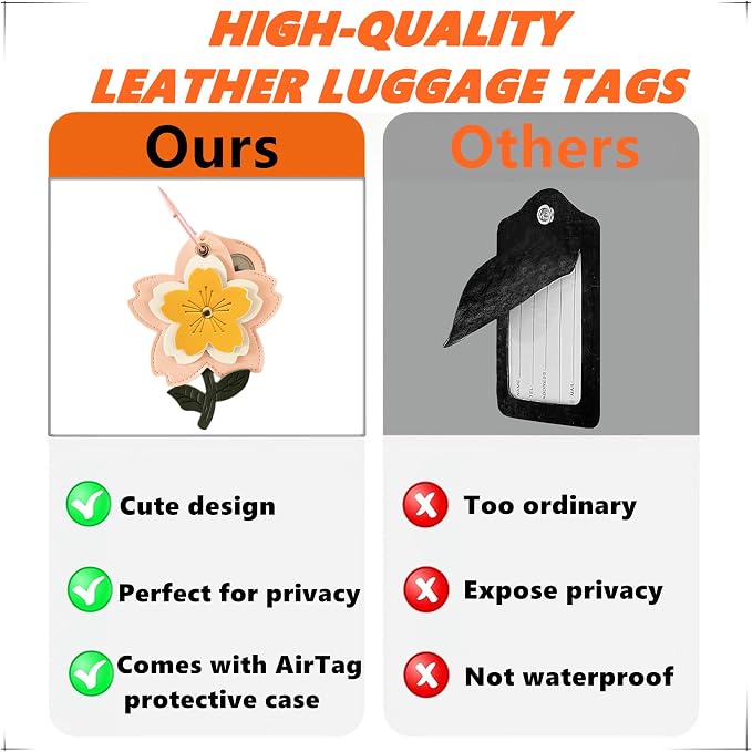 PU Leather Luggage Tag with Airtag Holder Case Set and Name ID Label | Hidden Compartment for AirTag Travel Suitcase Tracking Case with Stainless Steel Loop,Cute Fruit Plant Animals Styles,sakura