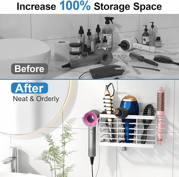 2026 Upgraded 3-in-1 Universal Hair Tool Organizer, XL Size, White | Adjustable Height Metal Hair Dryer Holder, Wall Mounted, Over Cabinet Door, Countertop, Bathroom Storage
