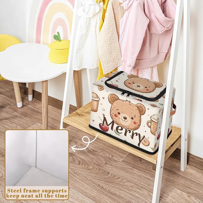 Custom Cute Bear Storage-Bin With Zipper Lid for Kids-Girls-Boys-Baby-Pet,Personalized Name Foldable Storage Box with Handle,Baby Basket With Label for Bedroom Nursery Toy Clothes,Light Yellow