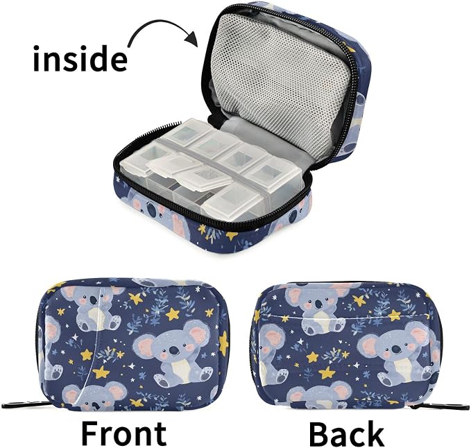 Fustylead Cute Cartoon Koala Bear and Stars Travel Pill Case Bag with Zipper Weekly Pill Box 8 Compartments 7 Day Personal Pill Case Purse Medicine Case Organizer