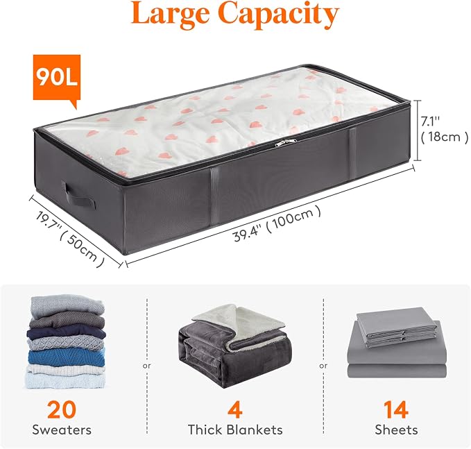 Lifewit 95L 8 Pack Under Bed Storage Containers, Large Capacity Blanket Storage Bags with Reinforced Handle, Organization and Storage for Comforters, Sheets, Clothes, Bedroom, College Dorm, Grey