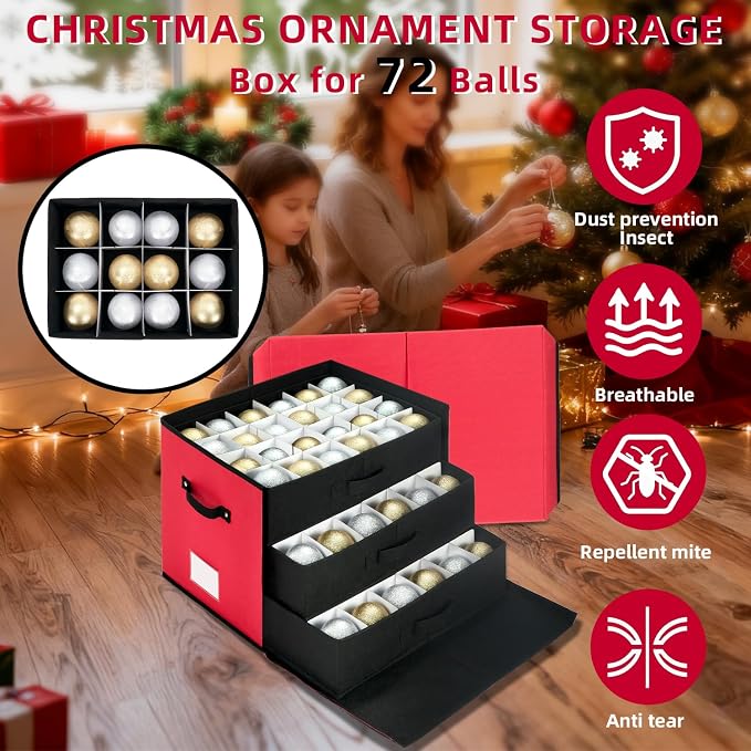 Christmas Ornament Storage Box With 3 Removable Trays for 72 Balls,RED | Ornament Storage Container Holds Up to Christmas Holiday Decorations,Adjustable Dividers for Ornament Storage by DIMESHY