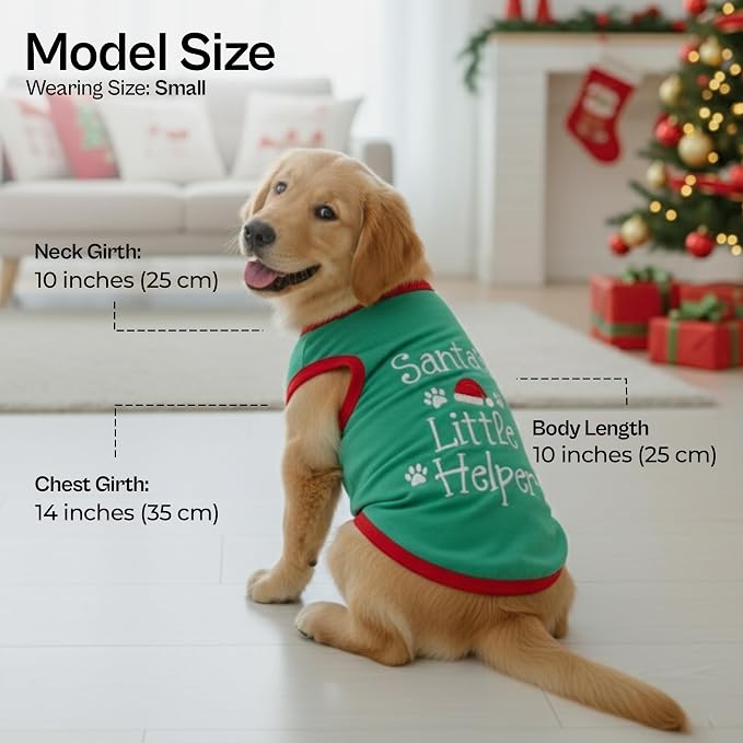 Parisian Pet Dog T-Shirt - Embroidered “Santa’s Little Helper “ Shirt - Lightweight Cotton Dog Christmas Outfit - Sleeveless Christmas Pet Clothes - Shirts for Large Dogs - S
