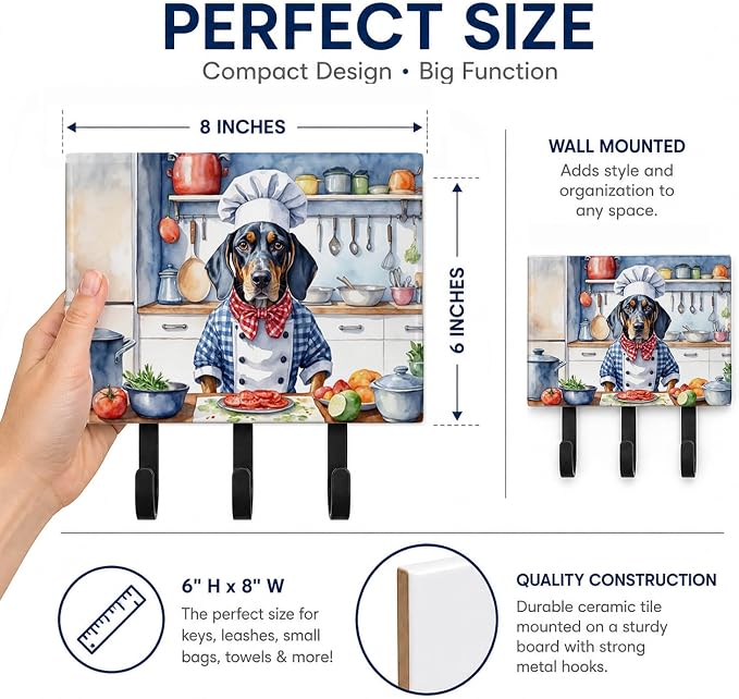 Caroline's Treasures Bluetick Coonhound The Chef Leash or Key Holder Wall Hooks, Key Hooks Holder, Coat Rack Wall Mount, Coat Hooks, Hooks for Hanging Keys, Towels, Aprons, Leashes | Bluetick Coonhound The Chef artwork on ceramic tile with three steel ...