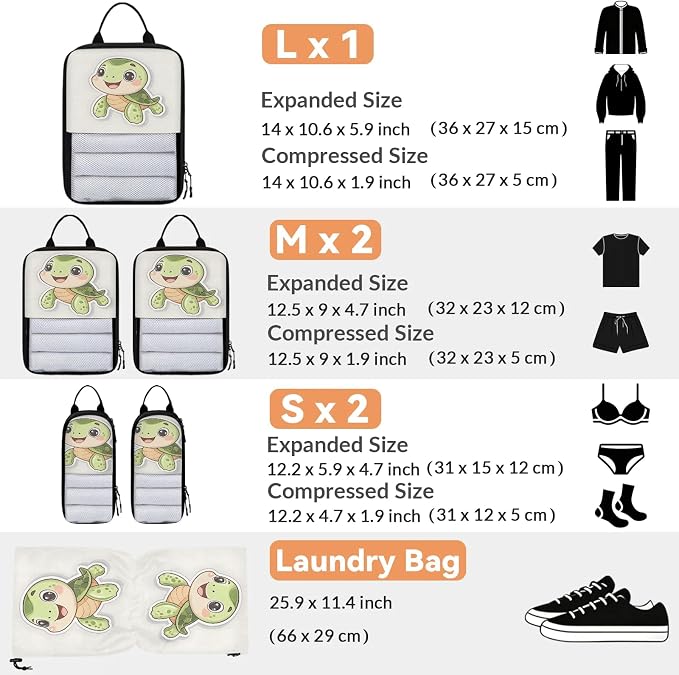 Cute 6 Set Compression Packing Cubes Sea Turtle Expandable Packing Organizer for Travel Accessories Luggage Suitcase Bag