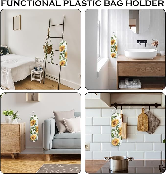 Sunflower Plastic Bag Holder for Kitchen Essentials, Wall Mount Grocery Bag Holder for Plastic Bags, Sunflower Reusable Shopping Bags Storage Dispenser for Home Kitchen Pantry, 22.5x9 Inch