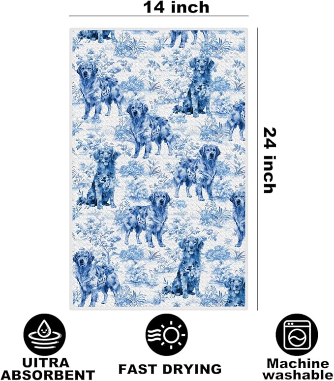Chinoiserie Golden Retriever Kitchen Towels 24x14 Inch, Golden Retriever Gifts Reusable Dish Towels for Kitchen Decor, Blue and White Floral Waffle Weave Hand Towel, Dog Gifts for Women Mom