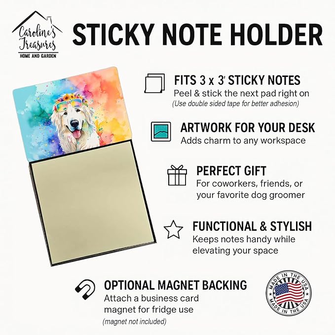 Caroline's Treasures Great Pyrenees Hippie Dawg Sticky Note Holder Refillable Dispenser Self-Sticky Note Pads, Memo Pads Blank Desk Accessories