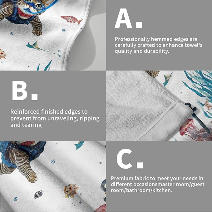 Giwawa Funny Cat Hand Towel Set of 2 Summer Nautical Ocean Blue Sea Towel Underwater Swimming Kitten Decorative Face Fingertip Towel Dish Wash Cloth for Bathroom Hotel Gym Home Spa