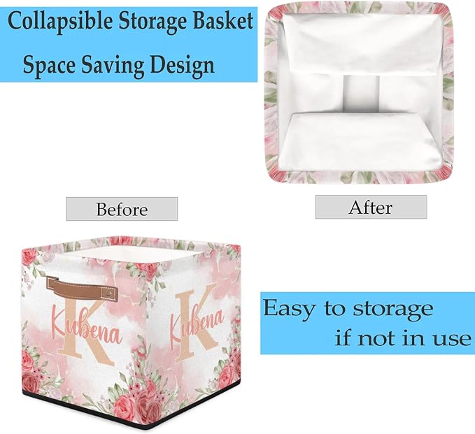 Personalized Initial-Name Pink Flower Storage Baskets for Girls Women, Custom Portable Square Storage Bins with Handles Foldable Organizer for Clothes, Toys, Blanket, Towel,Pet 13”