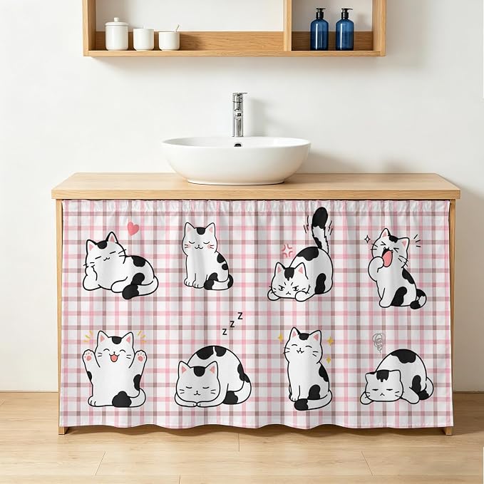 Cute Cat Sink Skirt for Bathroom, Self-Adhesive Under Sink Curtain, Modern Playful Pet Cats Pink Brown Plaid Hide Pipes & Storage Fabric Cabinet Skirt Cover for Kitchen Laundry 32"x55"
