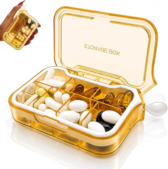 Small Pill Case, Travel Pill Organizer with Water-Proof Silicone Carry Loop | Pocket Size Medicine Box, 7 Compartments Compact Pill Box for Fish Oil Vitamins Supplements Daily Medications