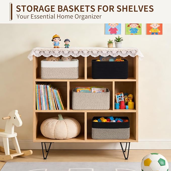 Goodpick 4 Pack Storage Baskets for Organizing Shelves, Brown | 13" x 8" x 6" Woven Rope Baskets for Baby Toys & Books, Decorative Gift Basket for Home Organization, Rectangle Design
